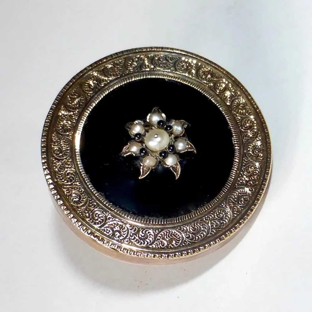 14k Victorian Engraved Mourning Pin Onyx & Seed P… - image 5