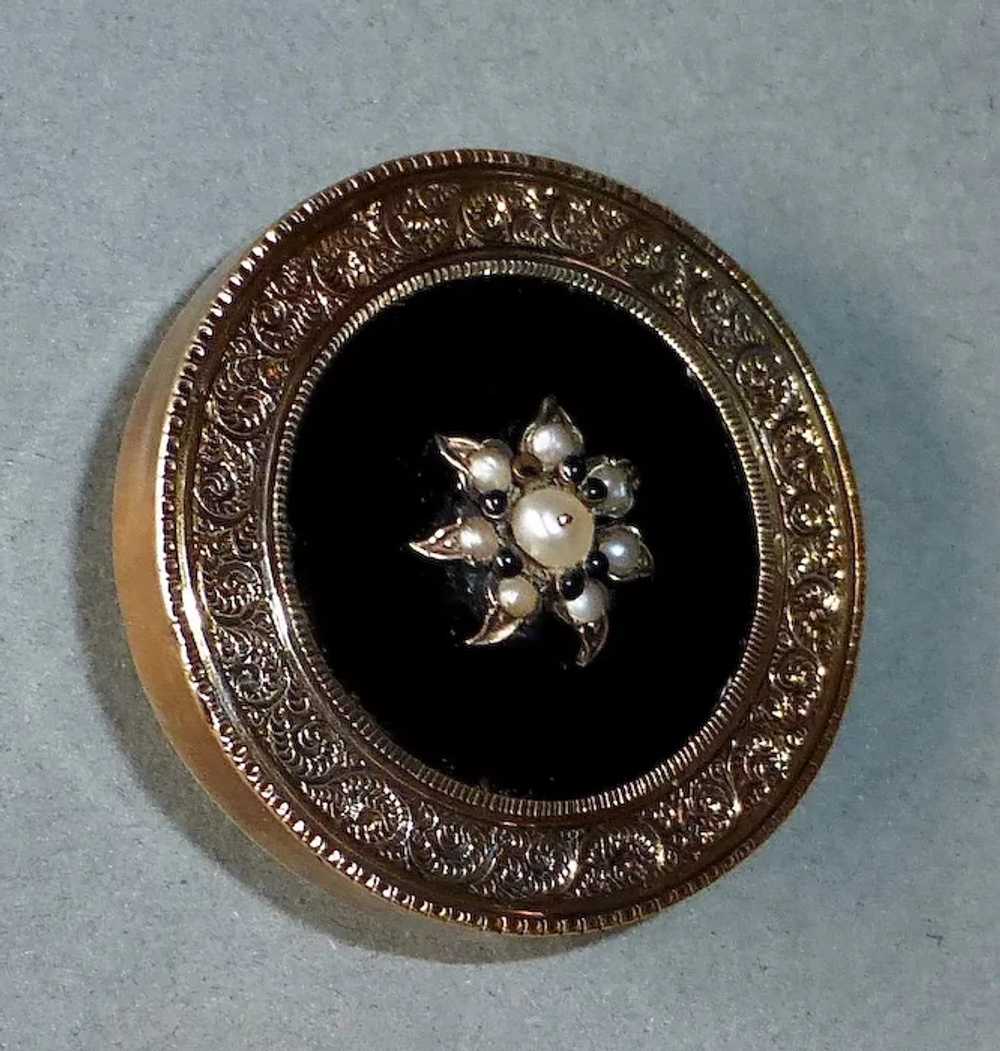 14k Victorian Engraved Mourning Pin Onyx & Seed P… - image 6