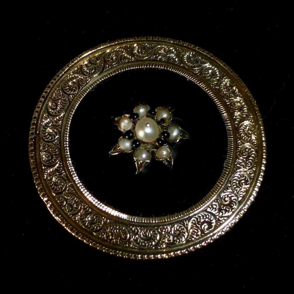 14k Victorian Engraved Mourning Pin Onyx & Seed P… - image 8