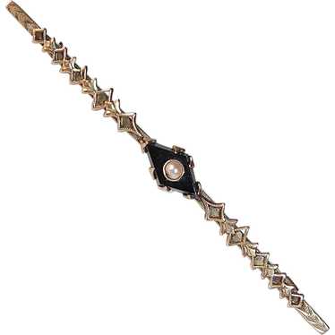 9k Edwardian Bar Pin Onyx & Half Pearl - image 1
