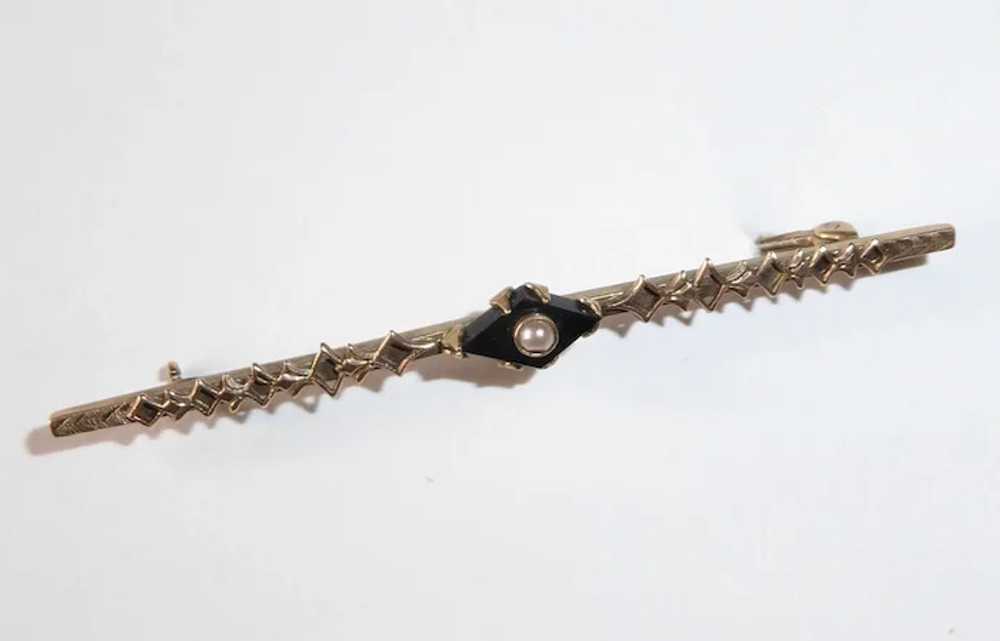 9k Edwardian Bar Pin Onyx & Half Pearl - image 4