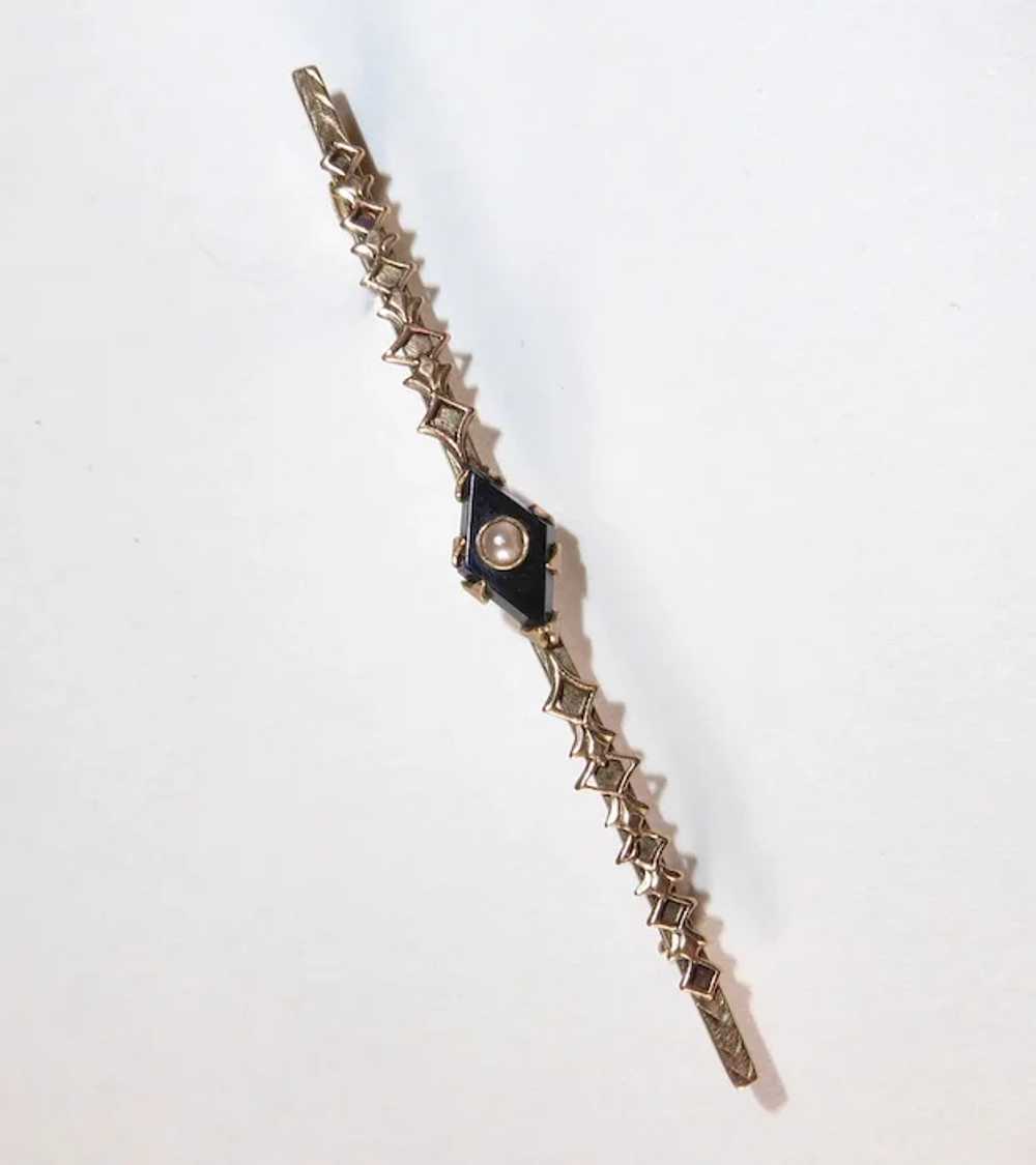 9k Edwardian Bar Pin Onyx & Half Pearl - image 6