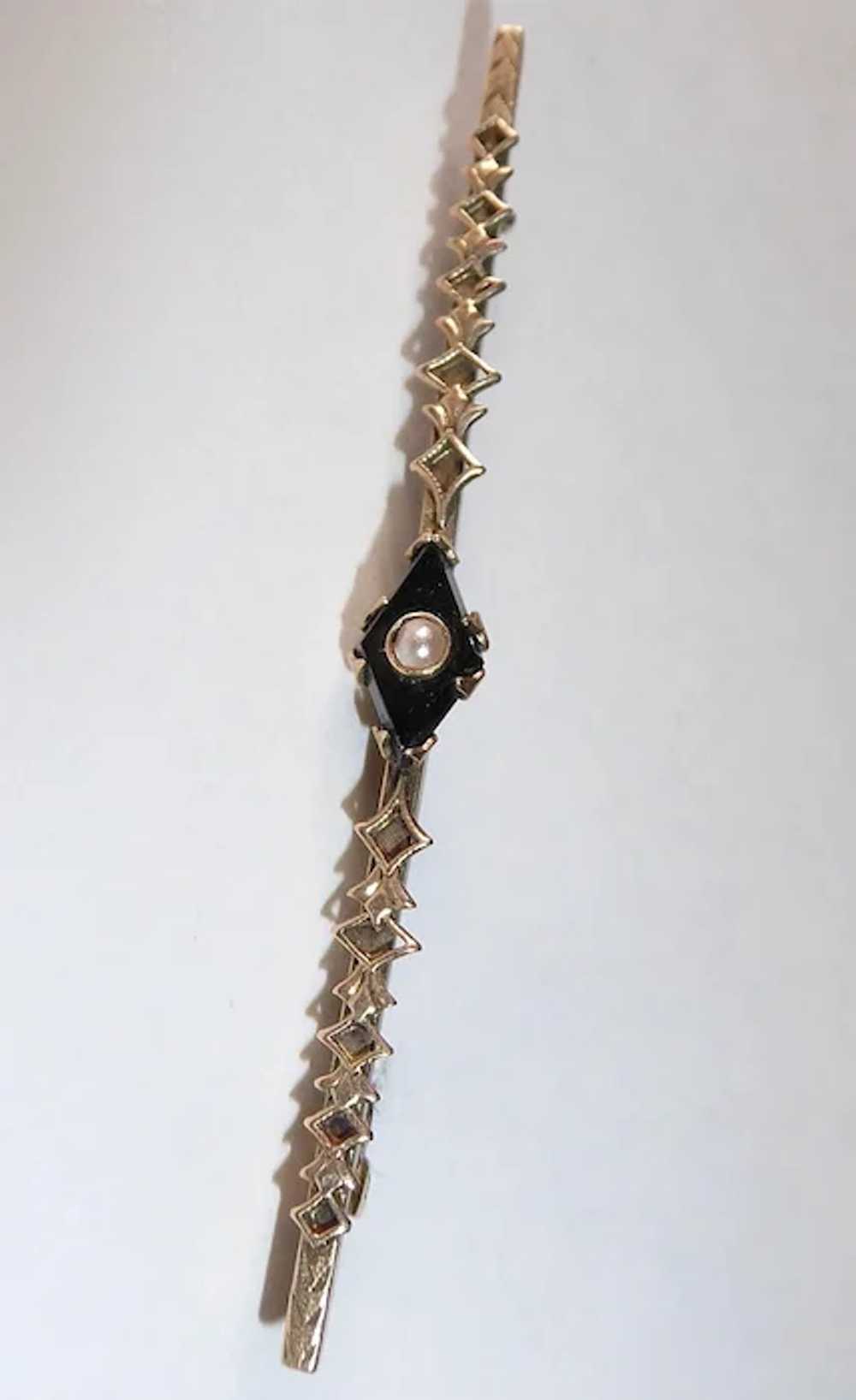 9k Edwardian Bar Pin Onyx & Half Pearl - image 7