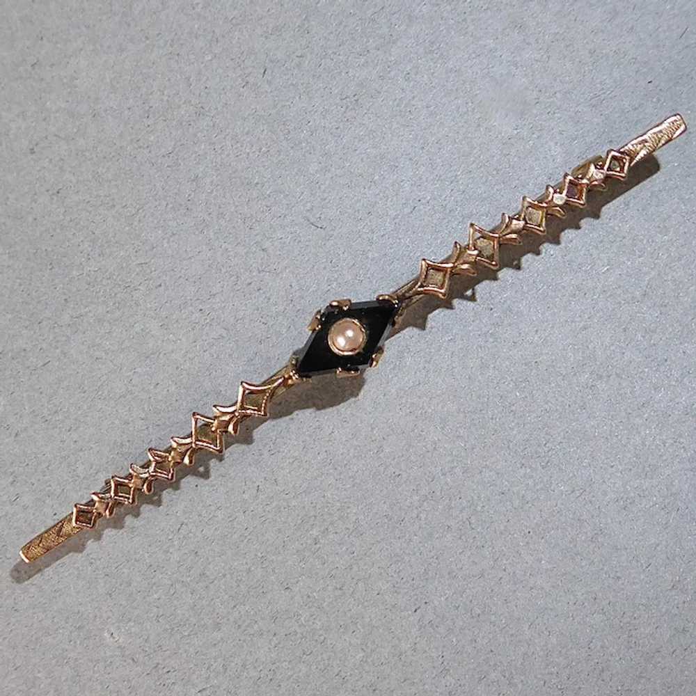 9k Edwardian Bar Pin Onyx & Half Pearl - image 8