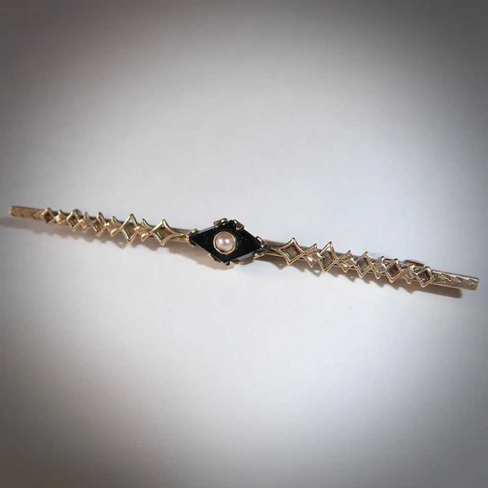 9k Edwardian Bar Pin Onyx & Half Pearl - image 9