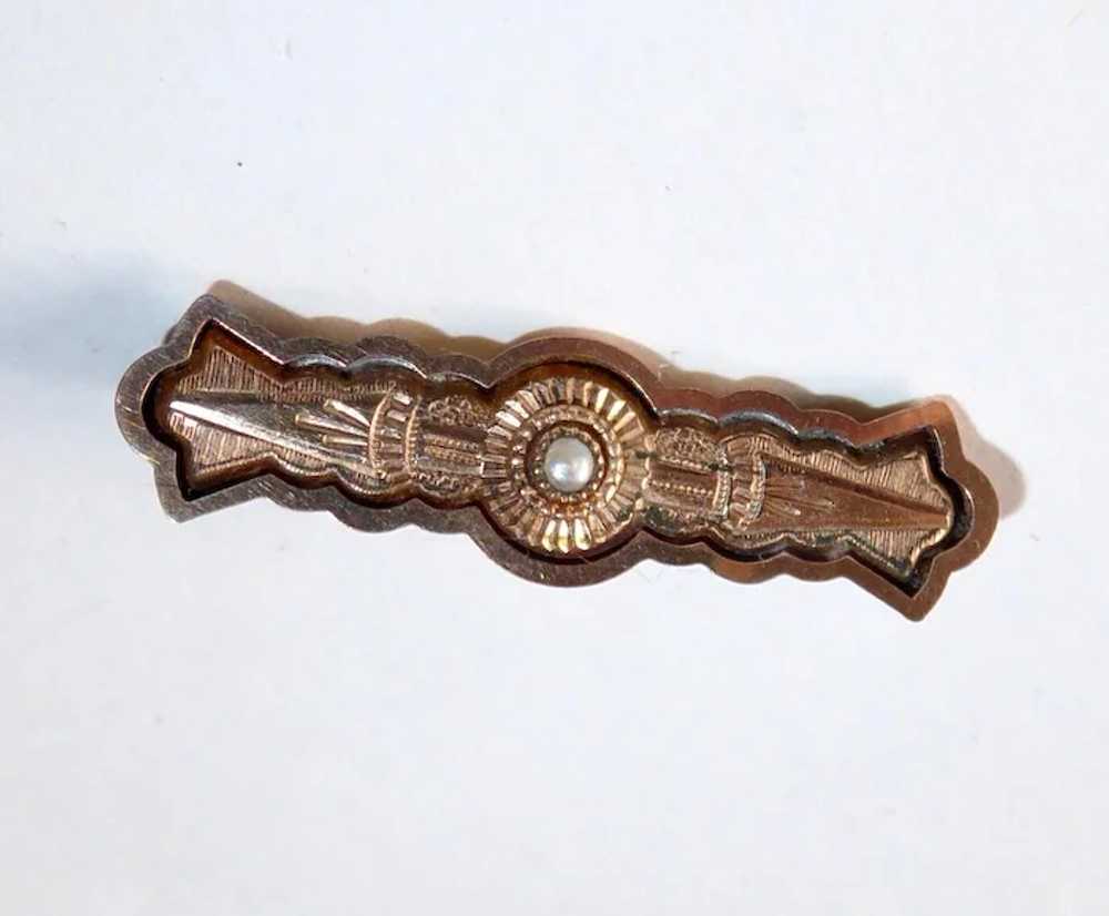 Victorian Gold Top Engraved Lace Pin w Half Pearl - image 2