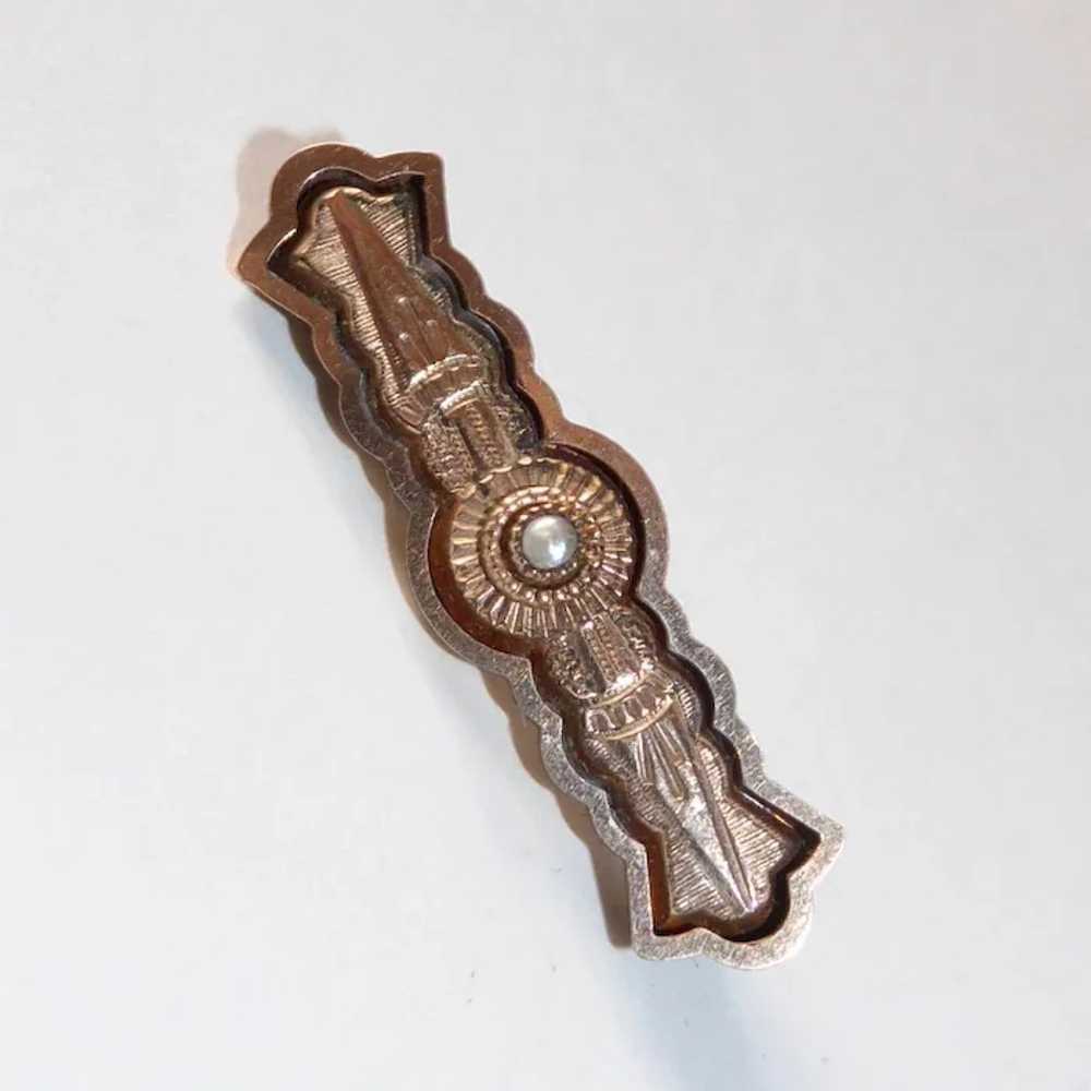 Victorian Gold Top Engraved Lace Pin w Half Pearl - image 3