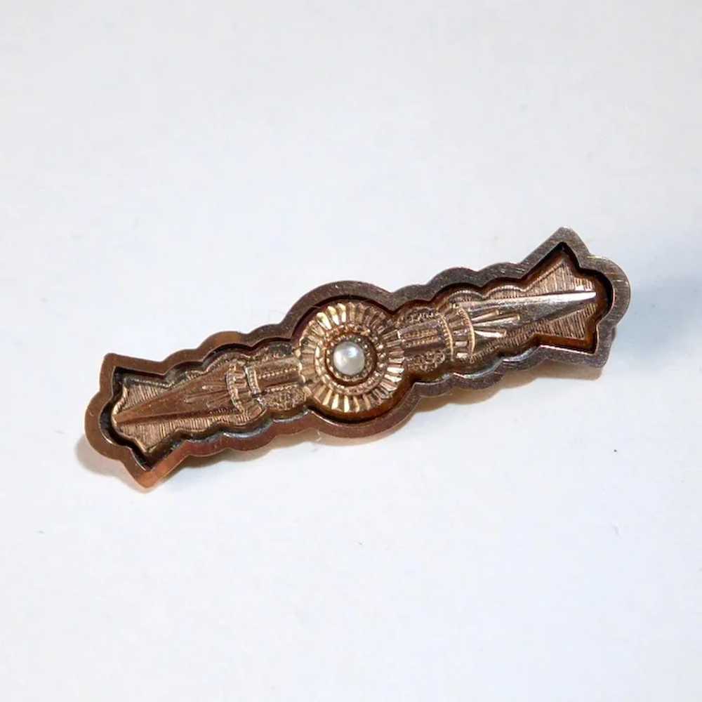Victorian Gold Top Engraved Lace Pin w Half Pearl - image 5