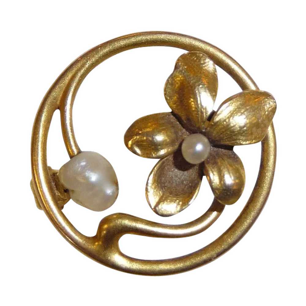 Victorian Art Nouveau 14k Floral & Pearl Pin - image 1