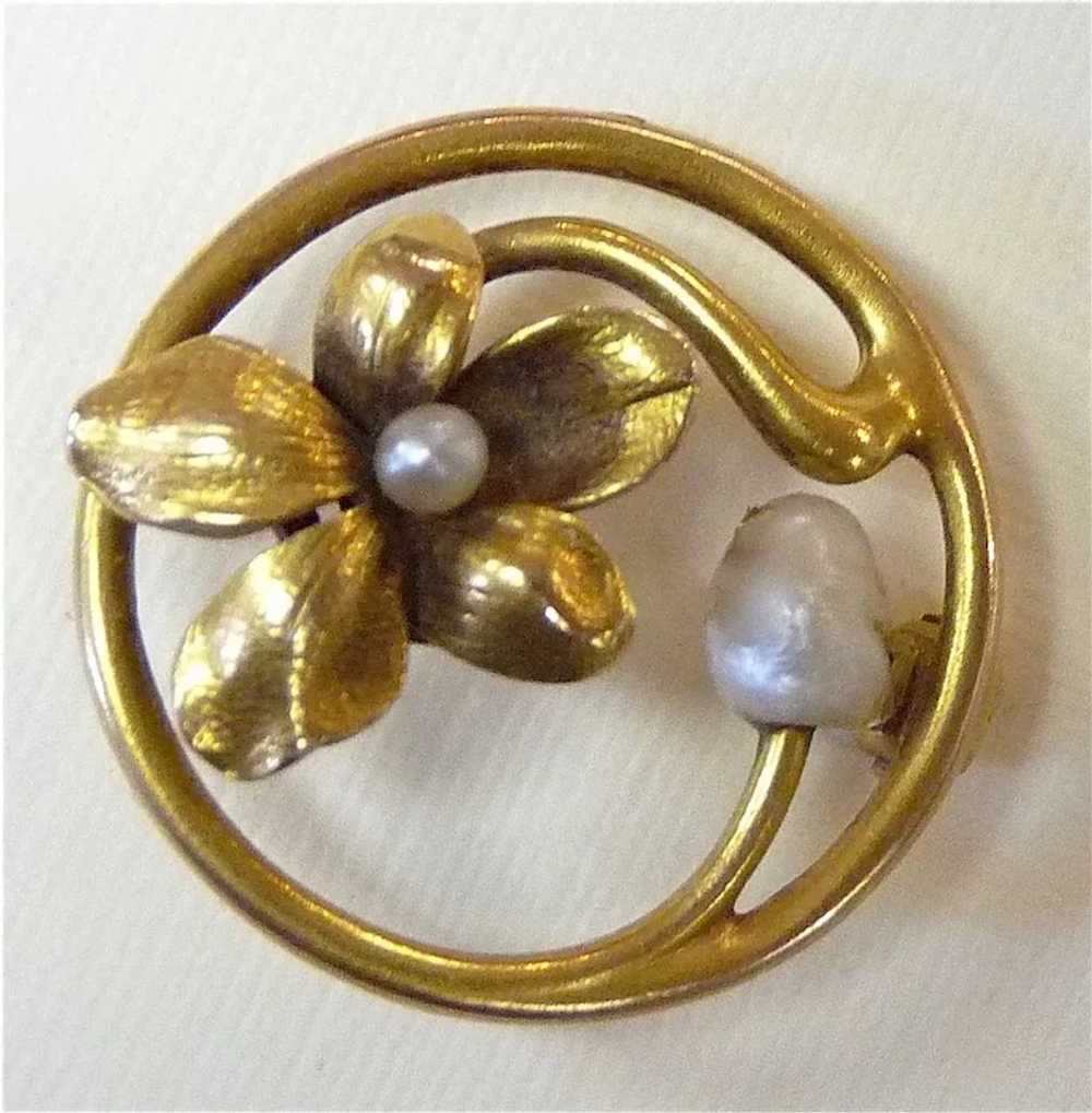 Victorian Art Nouveau 14k Floral & Pearl Pin - image 3