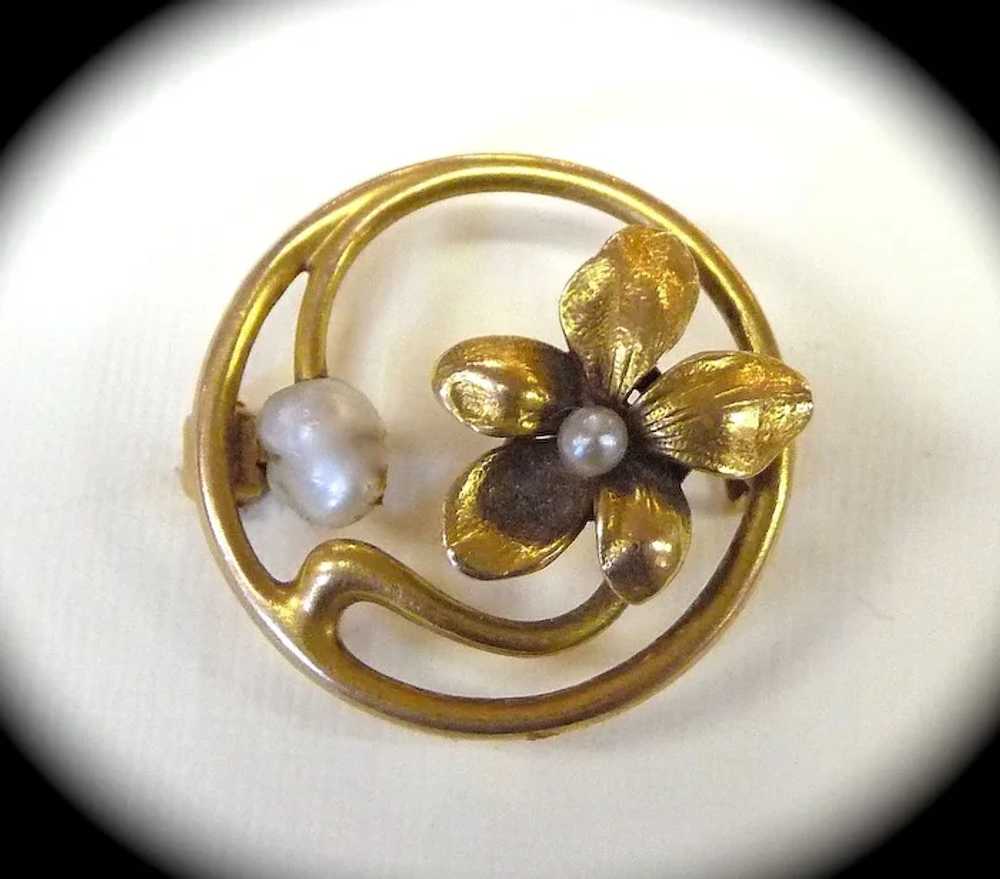 Victorian Art Nouveau 14k Floral & Pearl Pin - image 4