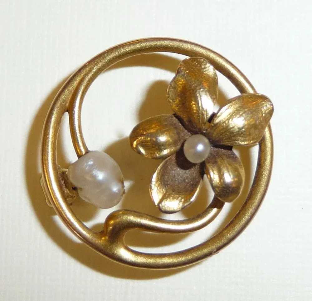 Victorian Art Nouveau 14k Floral & Pearl Pin - image 5