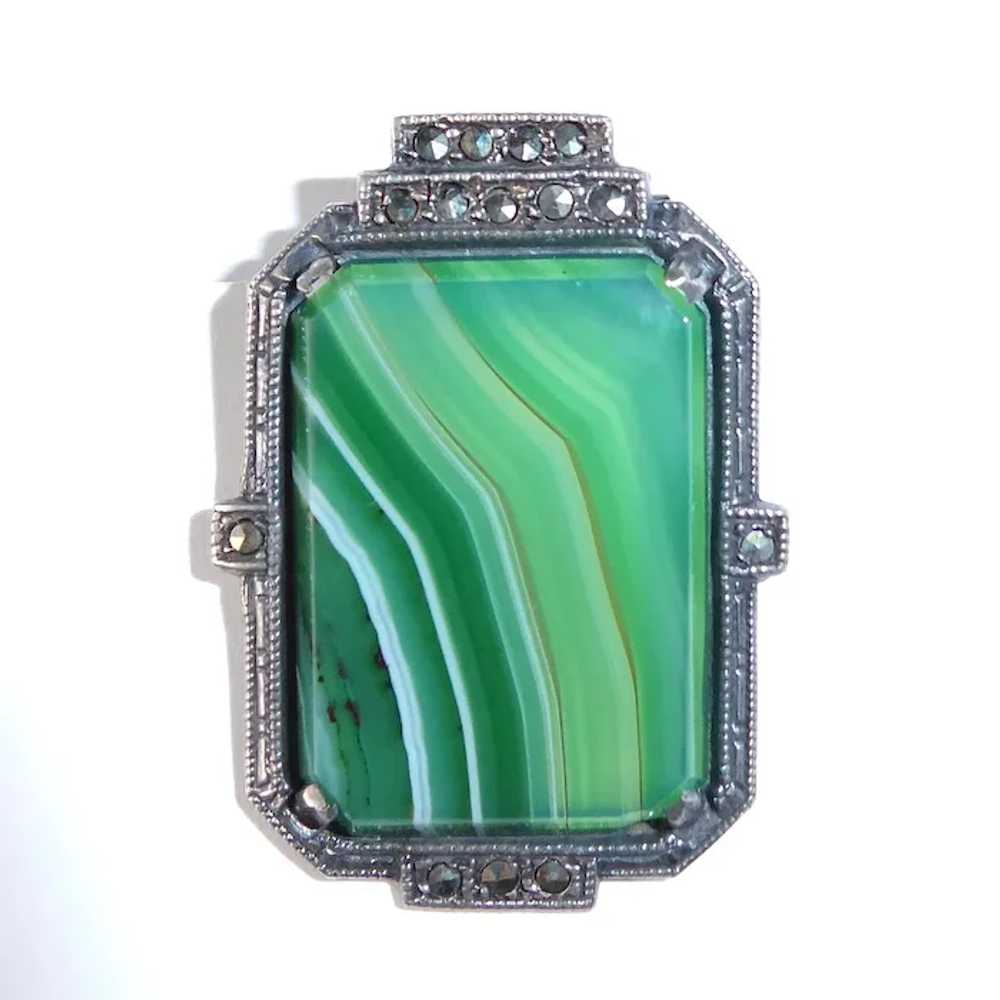Art Deco Sterling Striped Green Agate & Marcasite… - image 10