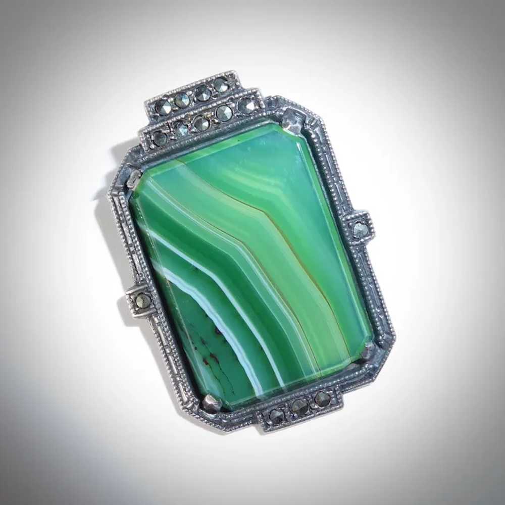 Art Deco Sterling Striped Green Agate & Marcasite… - image 11