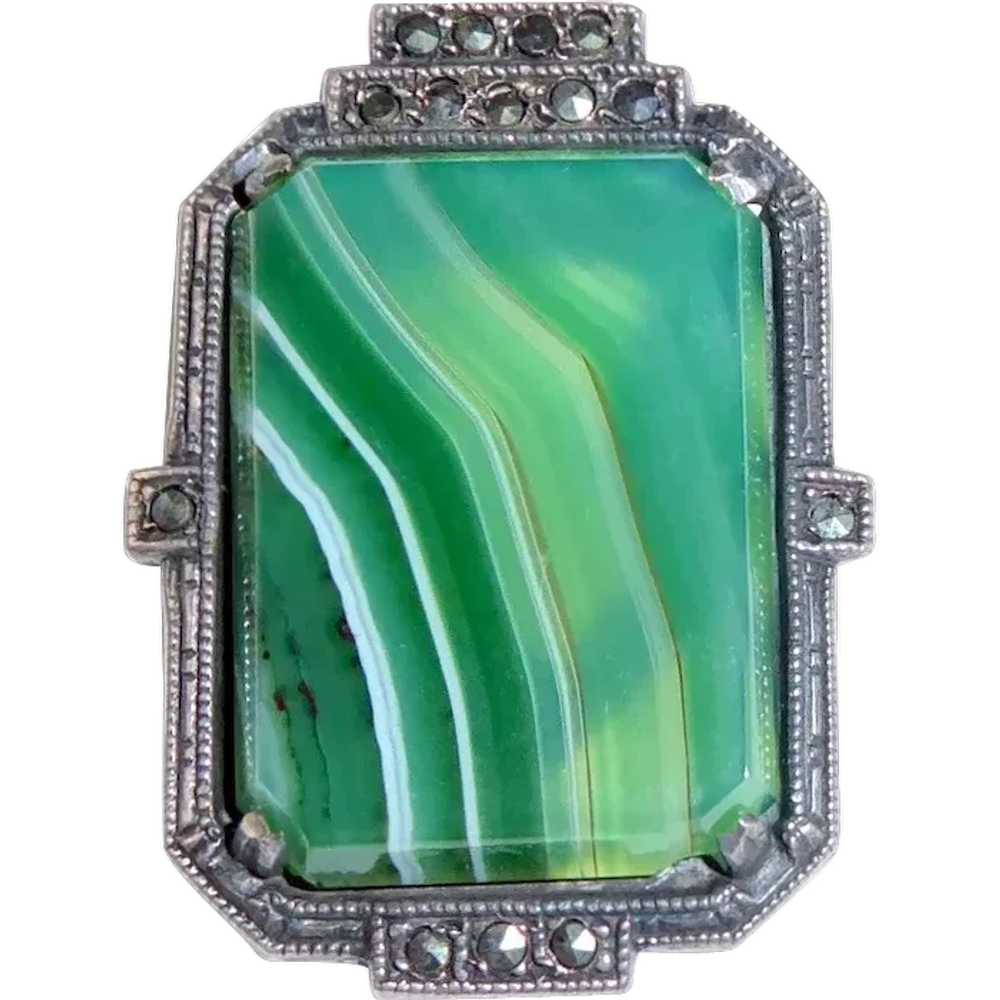 Art Deco Sterling Striped Green Agate & Marcasite… - image 12
