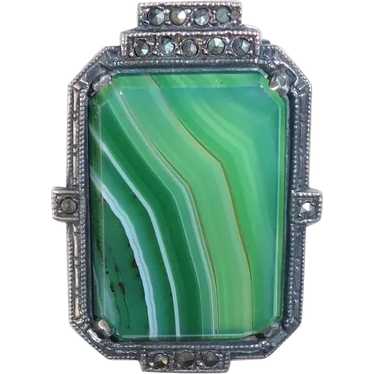 Art Deco Sterling Striped Green Agate & Marcasite… - image 1