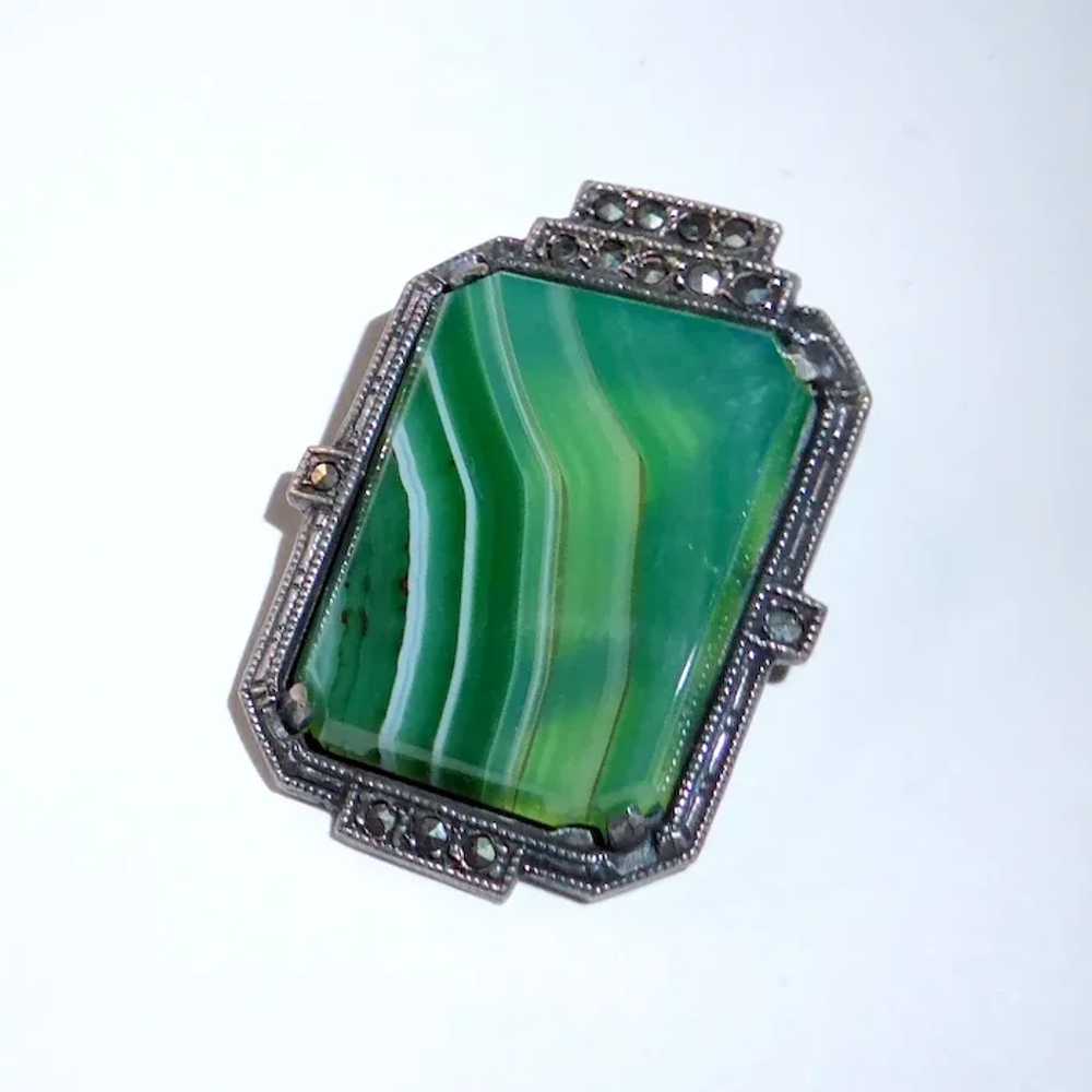 Art Deco Sterling Striped Green Agate & Marcasite… - image 2