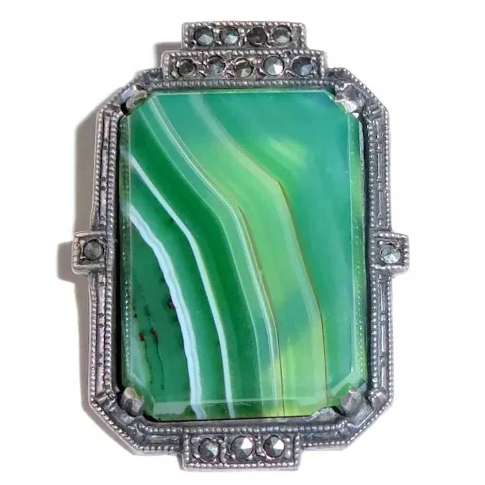 Art Deco Sterling Striped Green Agate & Marcasite… - image 3