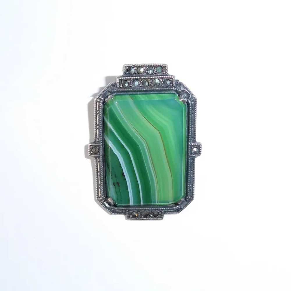 Art Deco Sterling Striped Green Agate & Marcasite… - image 4