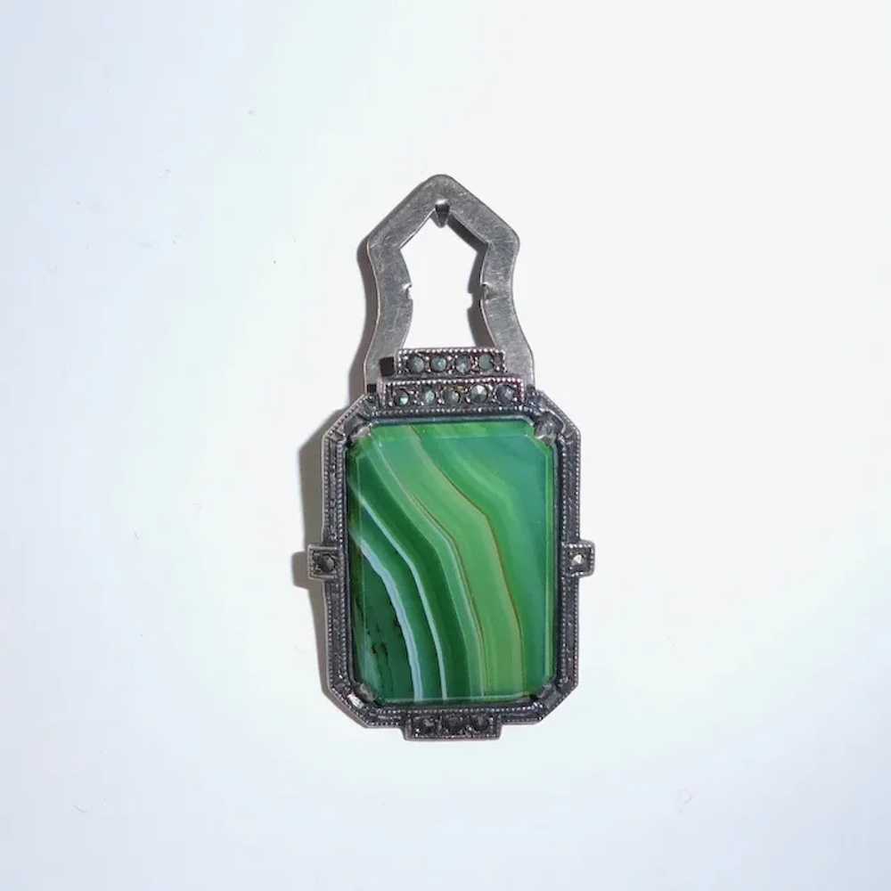 Art Deco Sterling Striped Green Agate & Marcasite… - image 5