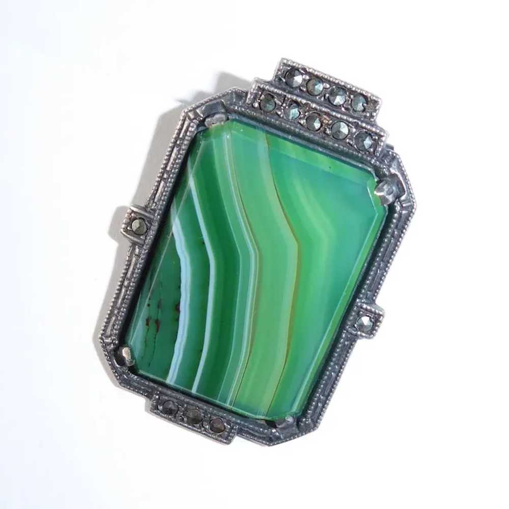 Art Deco Sterling Striped Green Agate & Marcasite… - image 9