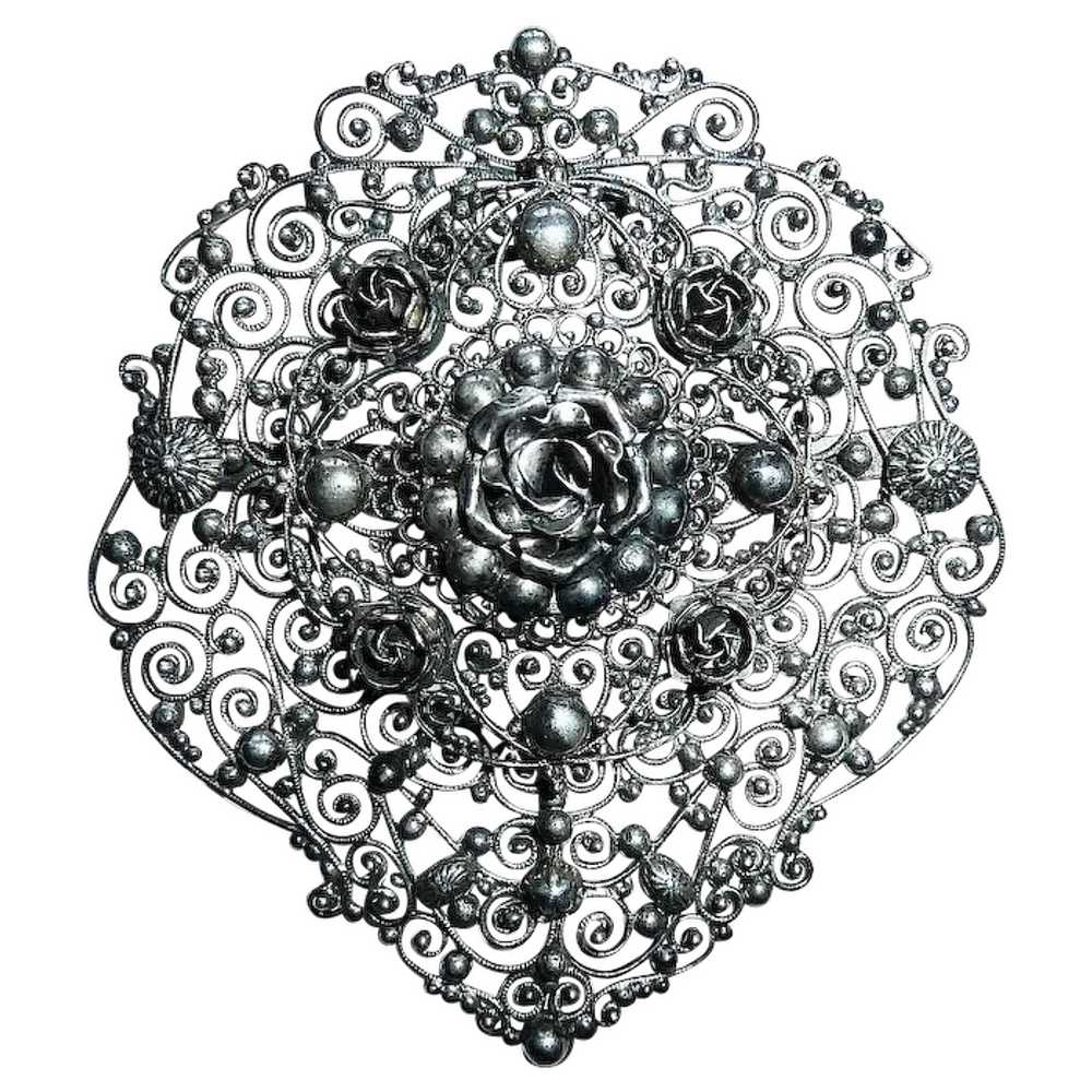 Large 800 Silver Layered Cannetille Filigree Pin … - image 1