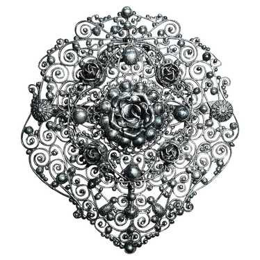 Large 800 Silver Layered Cannetille Filigree Pin … - image 1