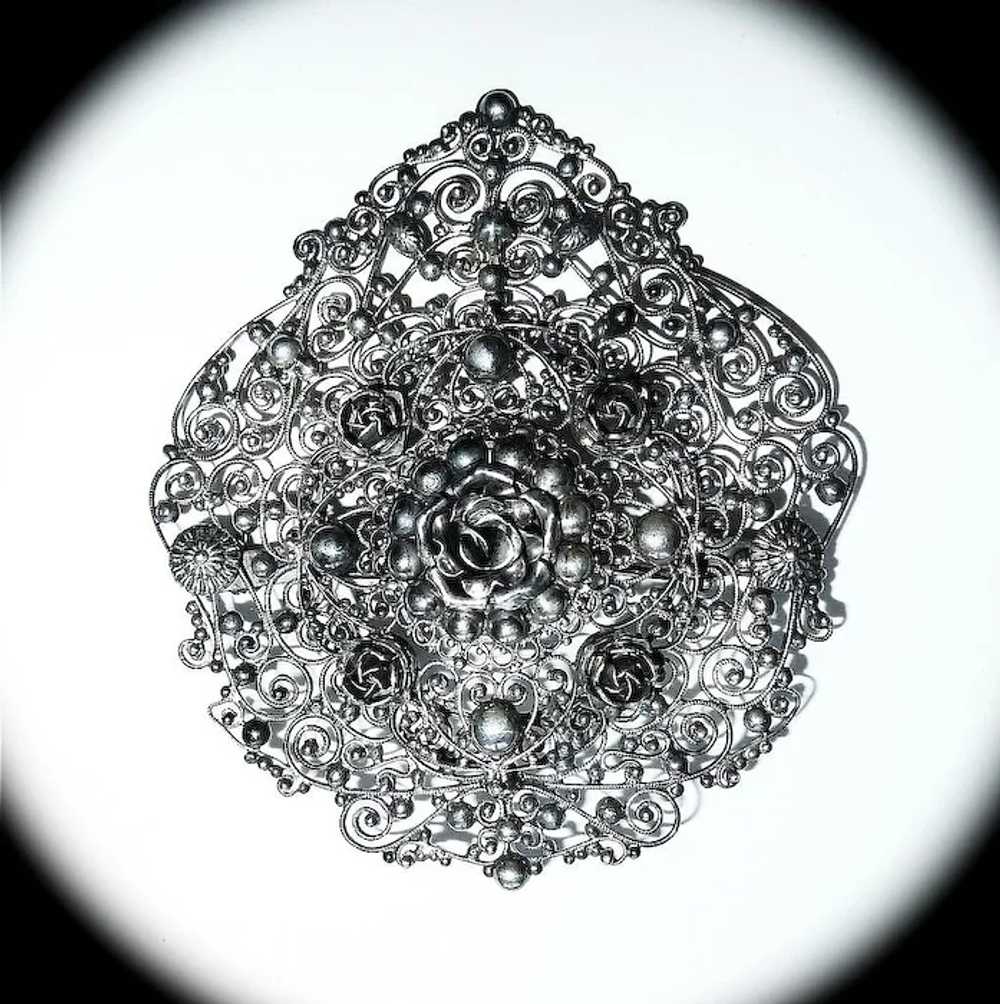 Large 800 Silver Layered Cannetille Filigree Pin … - image 2