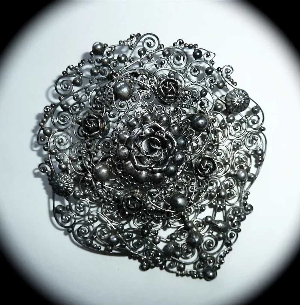 Large 800 Silver Layered Cannetille Filigree Pin … - image 4