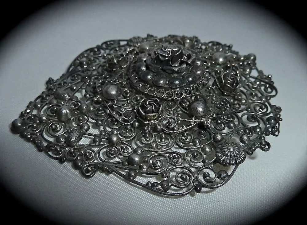 Large 800 Silver Layered Cannetille Filigree Pin … - image 5