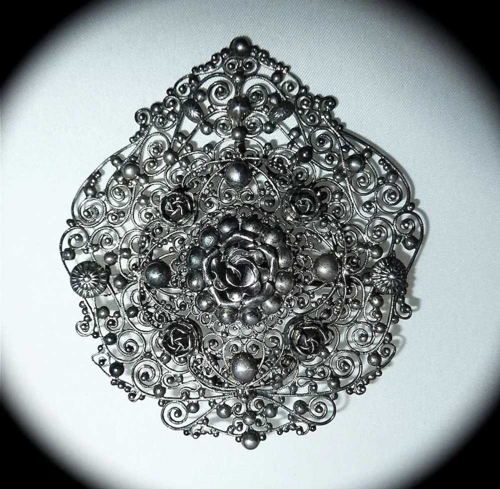 Large 800 Silver Layered Cannetille Filigree Pin … - image 8