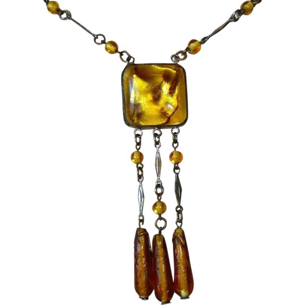 Art Deco Golden Yellow Foil Glass Pendant Necklac… - image 1