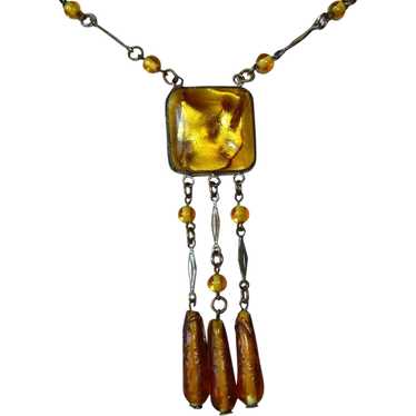 Art Deco Golden Yellow Foil Glass Pendant Necklac… - image 1
