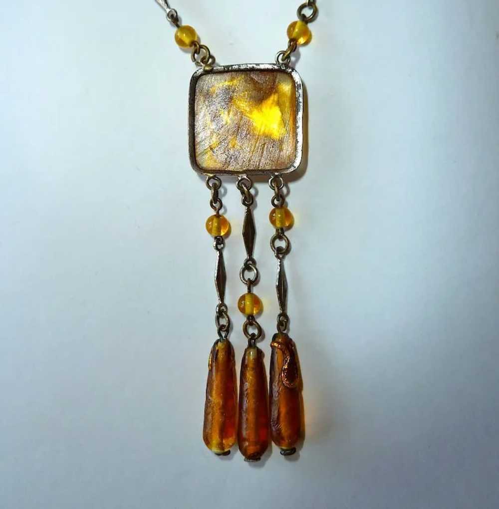Art Deco Golden Yellow Foil Glass Pendant Necklac… - image 7