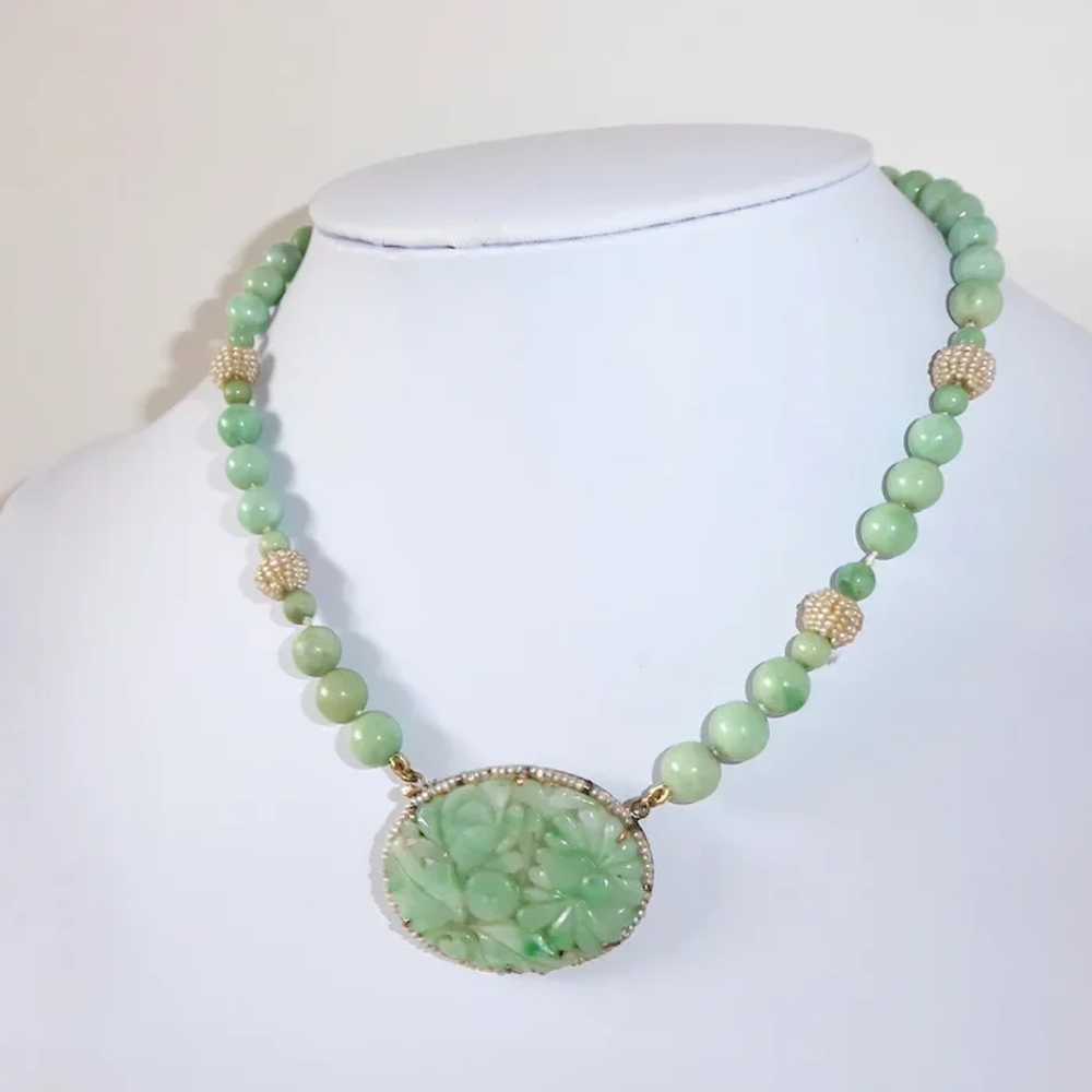 A Necklace with Vintage Carved Jade Shou Beads and Pearls