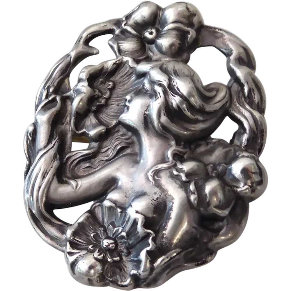 Art Nouveau Repousse Sterling Pin w Nude Woman, S… - image 1