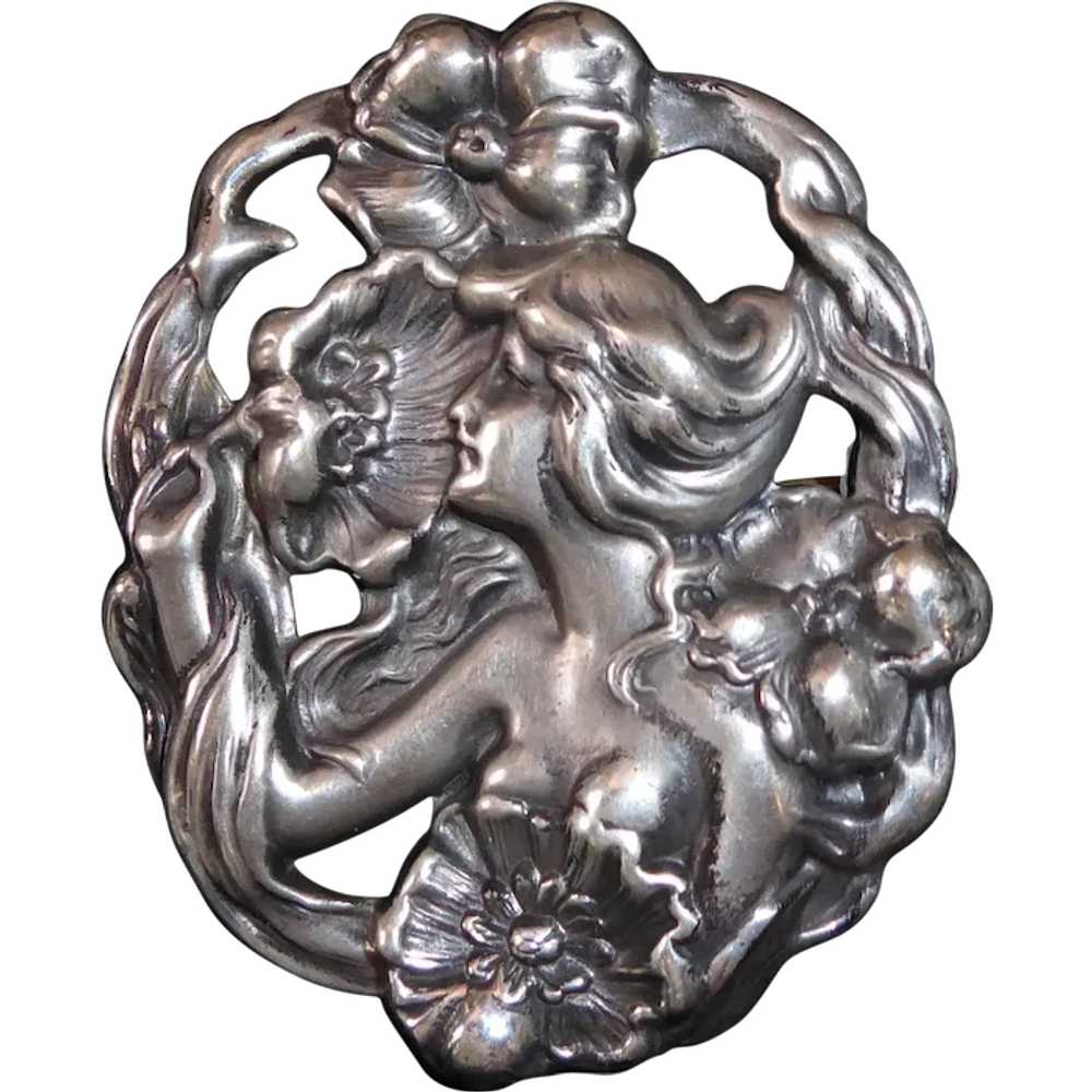 Art Nouveau Repousse Sterling Pin w Nude Woman, S… - image 2