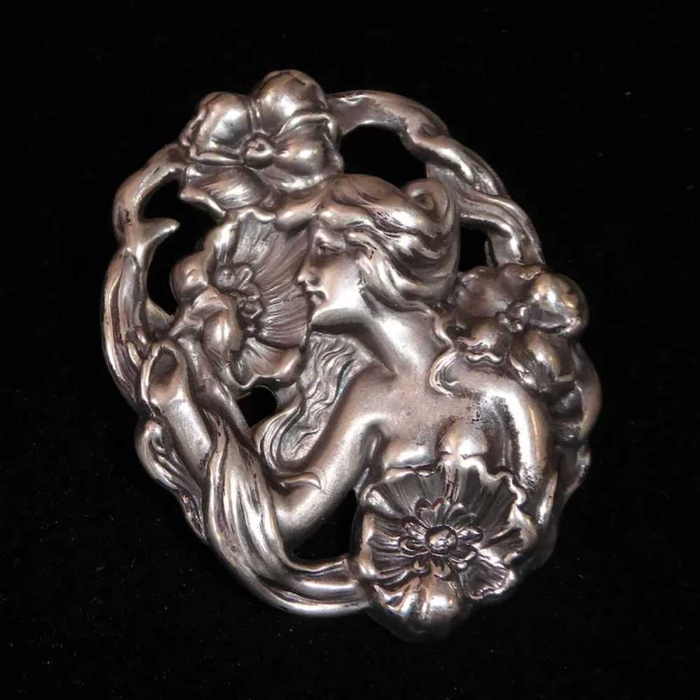 Art Nouveau Repousse Sterling Pin w Nude Woman, S… - image 3