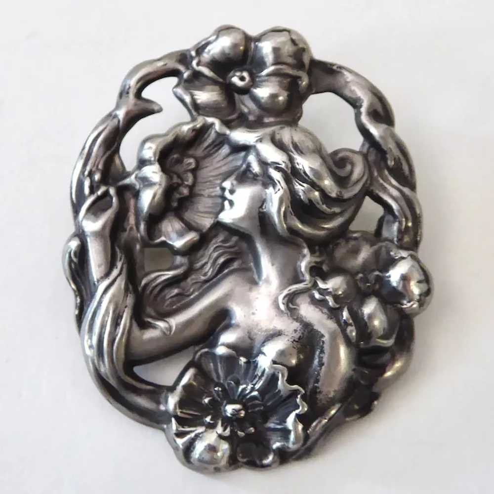 Art Nouveau Repousse Sterling Pin w Nude Woman, S… - image 4