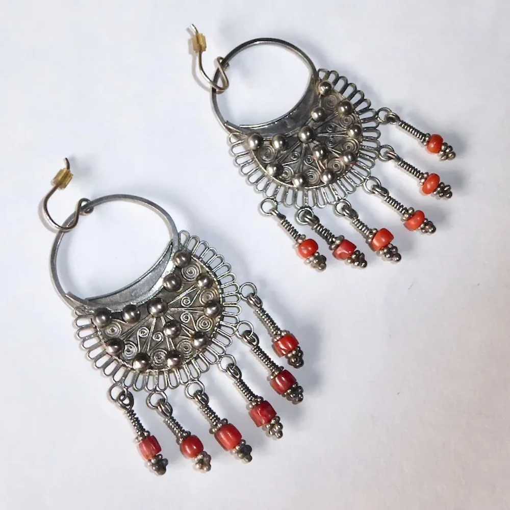 Ethnic Nepali Bold Silver Earrings w Coral Drops - image 10