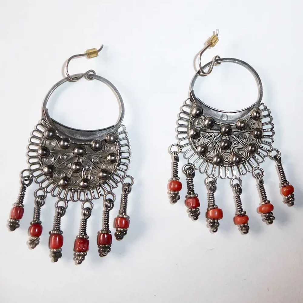 Ethnic Nepali Bold Silver Earrings w Coral Drops - image 11