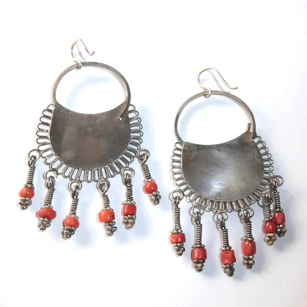 Ethnic Nepali Bold Silver Earrings w Coral Drops - image 12