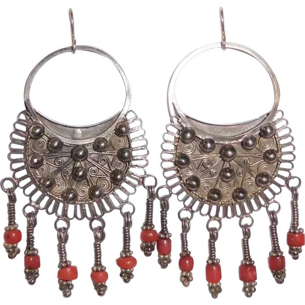 Ethnic Nepali Bold Silver Earrings w Coral Drops - image 1