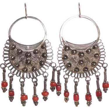 Ethnic Nepali Bold Silver Earrings w Coral Drops