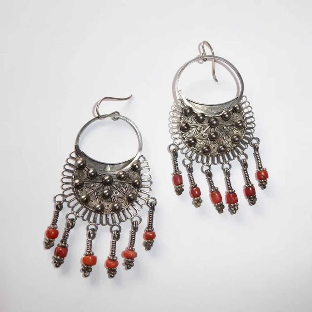 Ethnic Nepali Bold Silver Earrings w Coral Drops - image 2