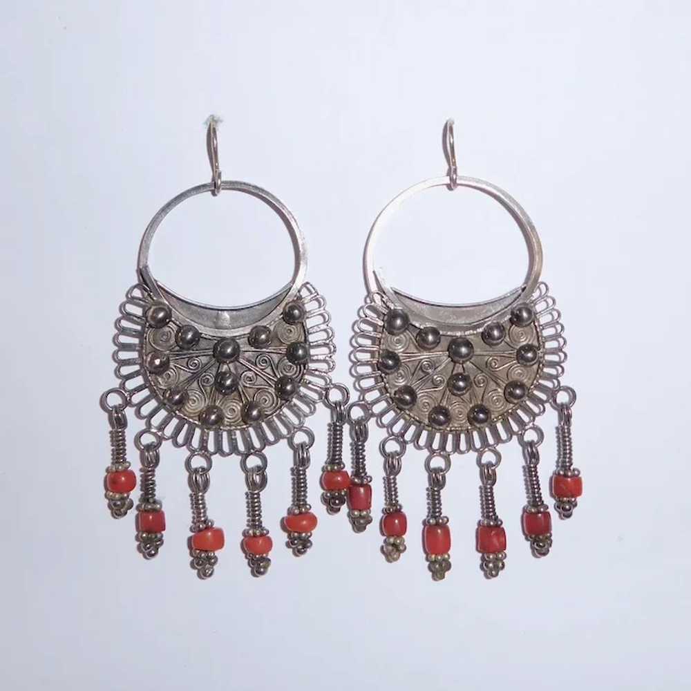 Ethnic Nepali Bold Silver Earrings w Coral Drops - image 3