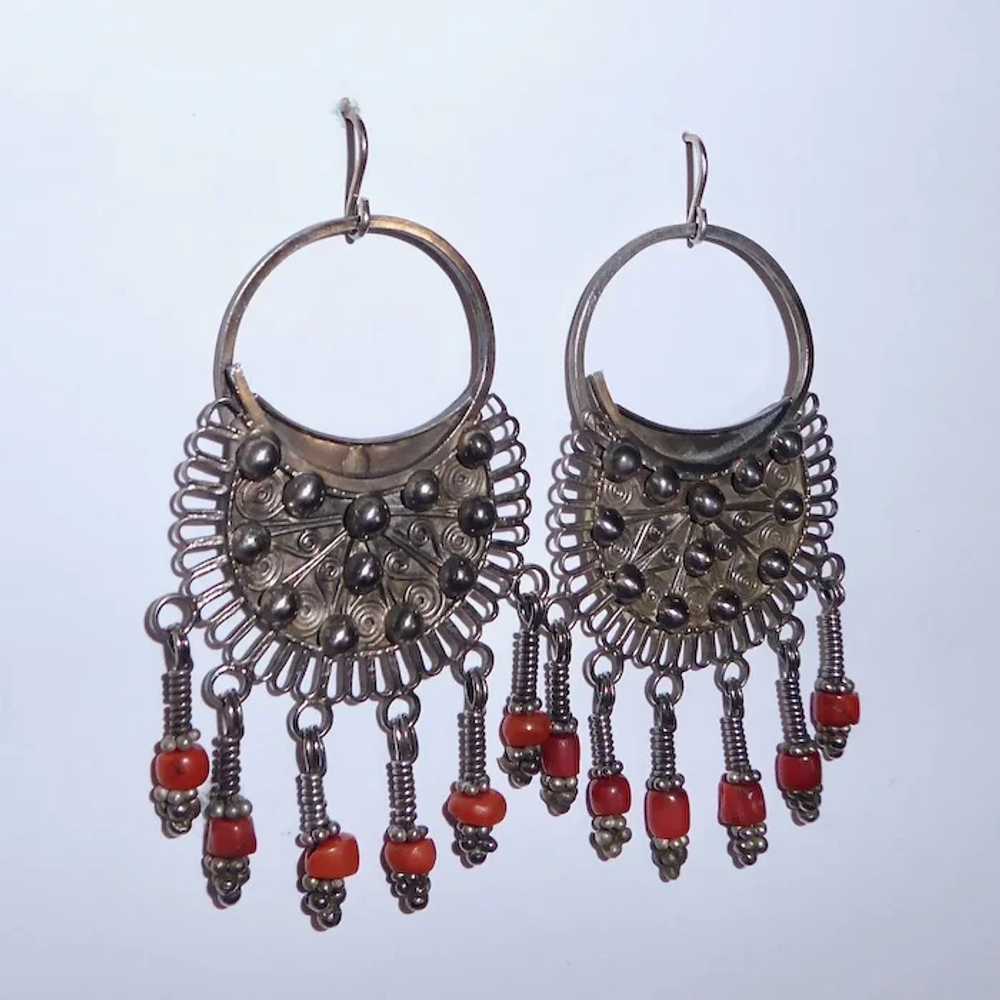 Ethnic Nepali Bold Silver Earrings w Coral Drops - image 4