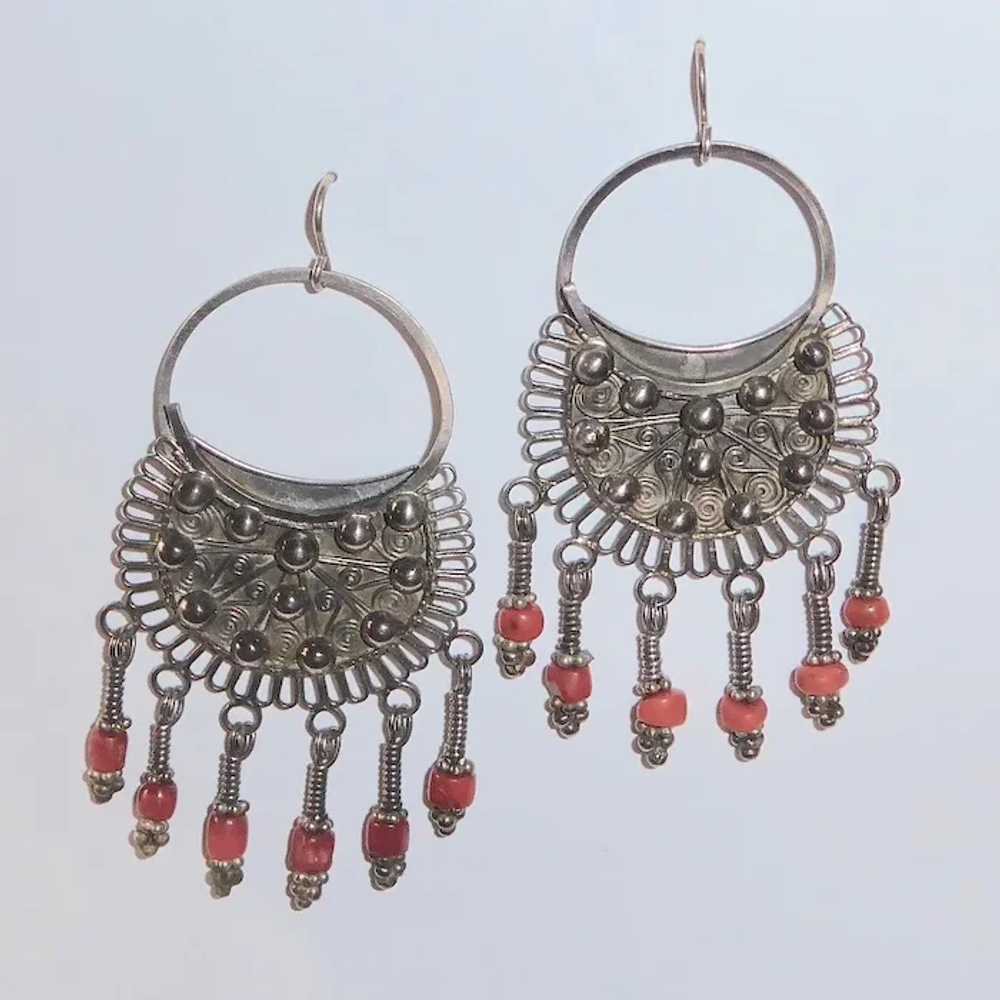 Ethnic Nepali Bold Silver Earrings w Coral Drops - image 5