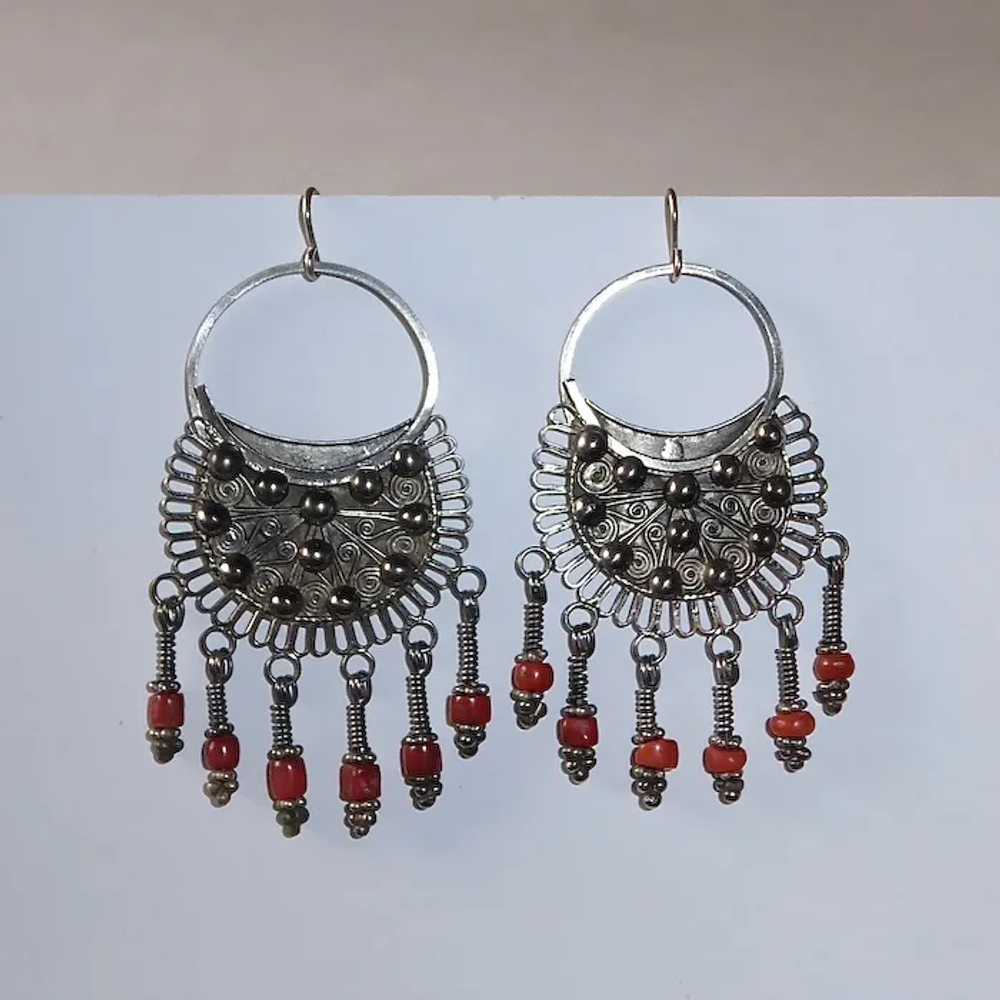 Ethnic Nepali Bold Silver Earrings w Coral Drops - image 6