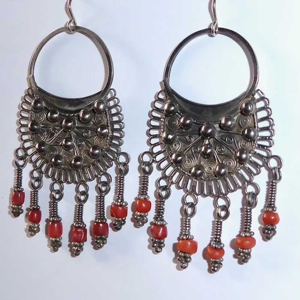 Ethnic Nepali Bold Silver Earrings w Coral Drops - image 7